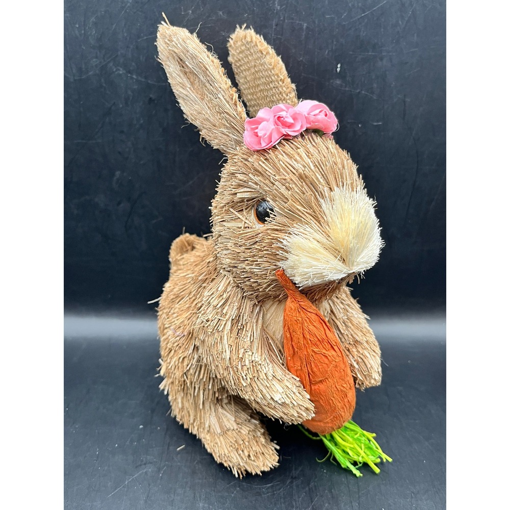 Natural Sisal Straw Easter Bunny Figurine Floral Crown and‎ Carrot 8" Spring